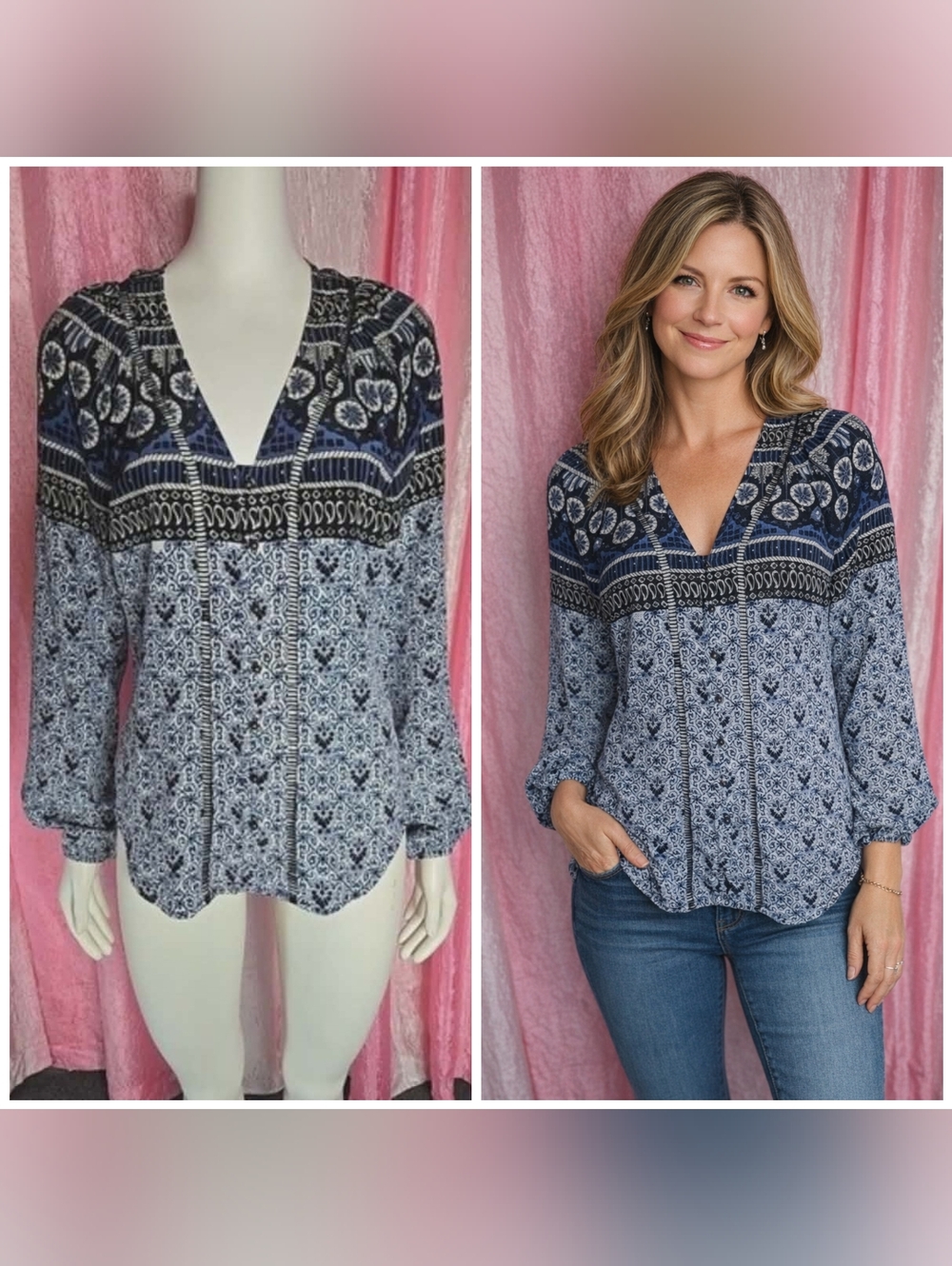 Veronica Beard Blue Floral Oriental Tile 100% Silk Classic Tunic Blouse Size 6